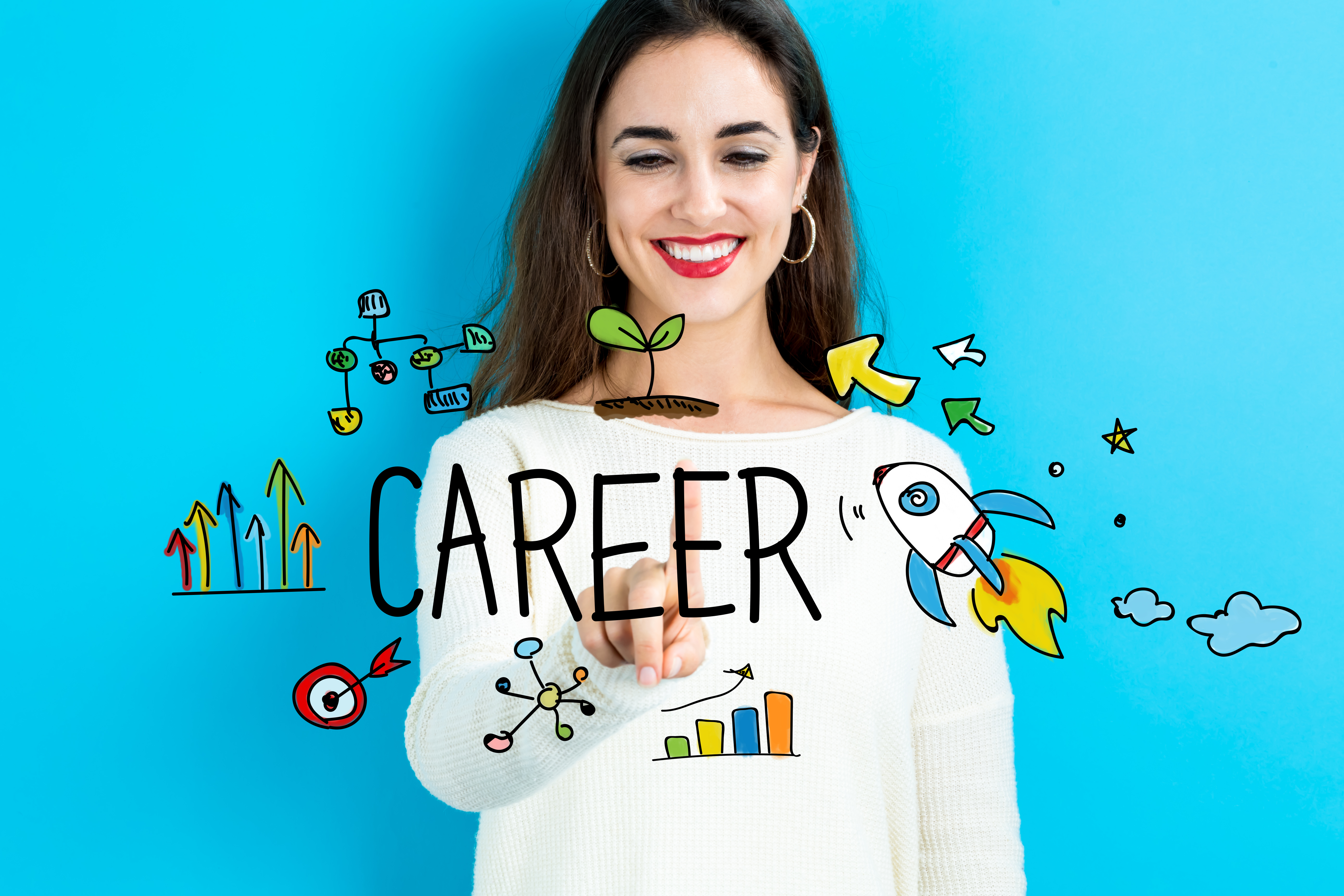 Career text with young woman on a blue background Career text with young woman on a blue background